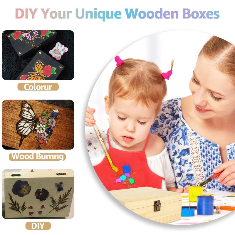 DAJAVE Unfinished Wooden Box, 12x9x5 Inch Large Wooden Box with Hinged Lid and Front Clasp, Pine Wood Box DIY Craft Stash Boxes for Arts Hobbies and Home Storage - Image 4