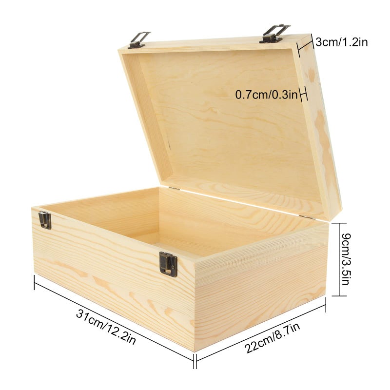 DAJAVE Unfinished Wooden Box, 12x9x5 Inch Large Wooden Box with Hinged Lid and Front Clasp, Pine Wood Box DIY Craft Stash Boxes for Arts Hobbies and Home Storage - Image 2