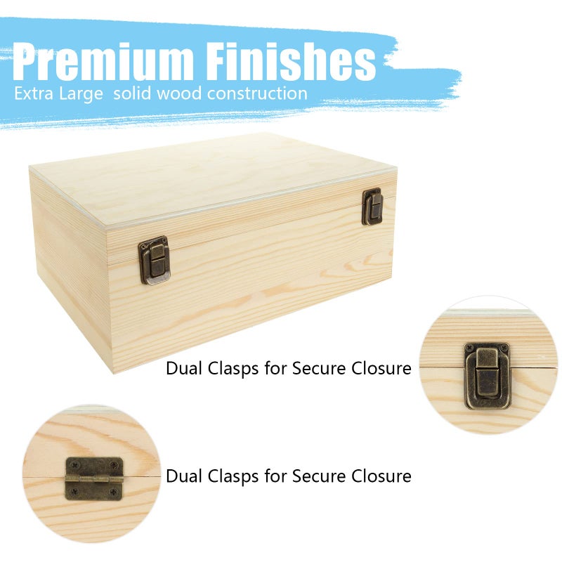 DAJAVE Unfinished Wooden Box, 12x9x5 Inch Large Wooden Box with Hinged Lid and Front Clasp, Pine Wood Box DIY Craft Stash Boxes for Arts Hobbies and Home Storage - Image 3