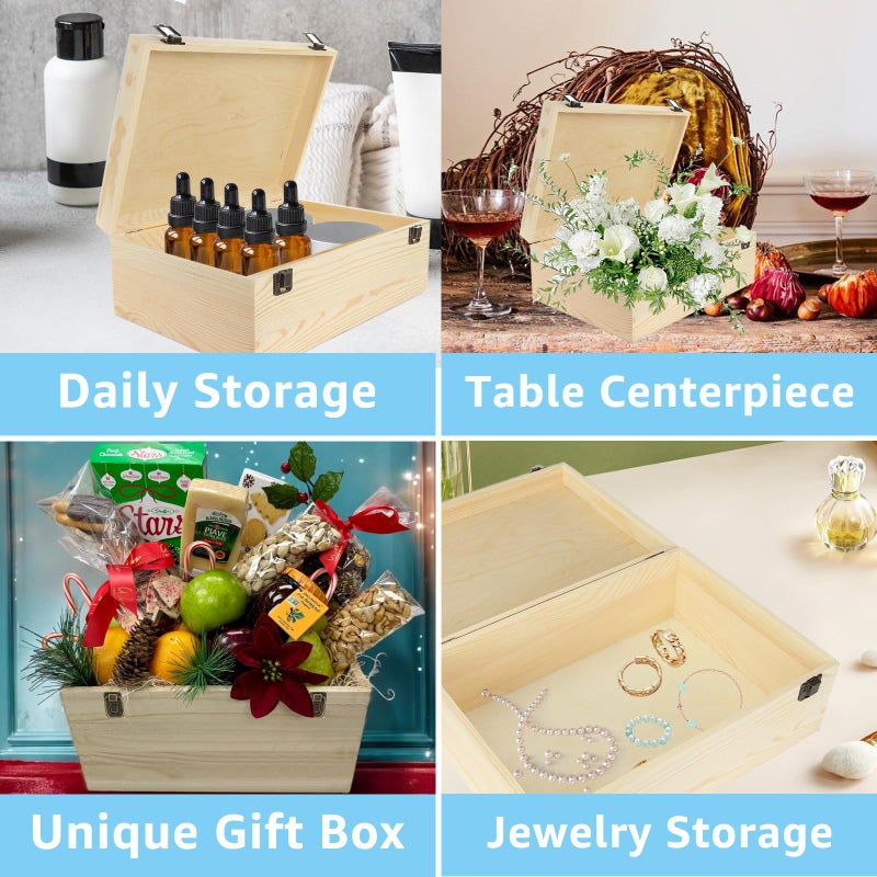 DAJAVE Unfinished Wooden Box, 12x9x5 Inch Large Wooden Box with Hinged Lid and Front Clasp, Pine Wood Box DIY Craft Stash Boxes for Arts Hobbies and Home Storage - Image 5