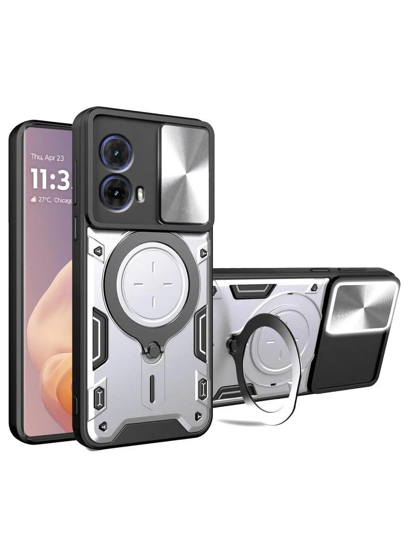 غطاء متوافق مع Motorola Moto G85 5G، مزود بقاعدة حلقة دوارة بزاوية 360 درجة، 【متوافق مع Mag-Safe】، 【غطاء كاميرا منزلق】، غطاء واقٍ عسكري قوي ومتين.