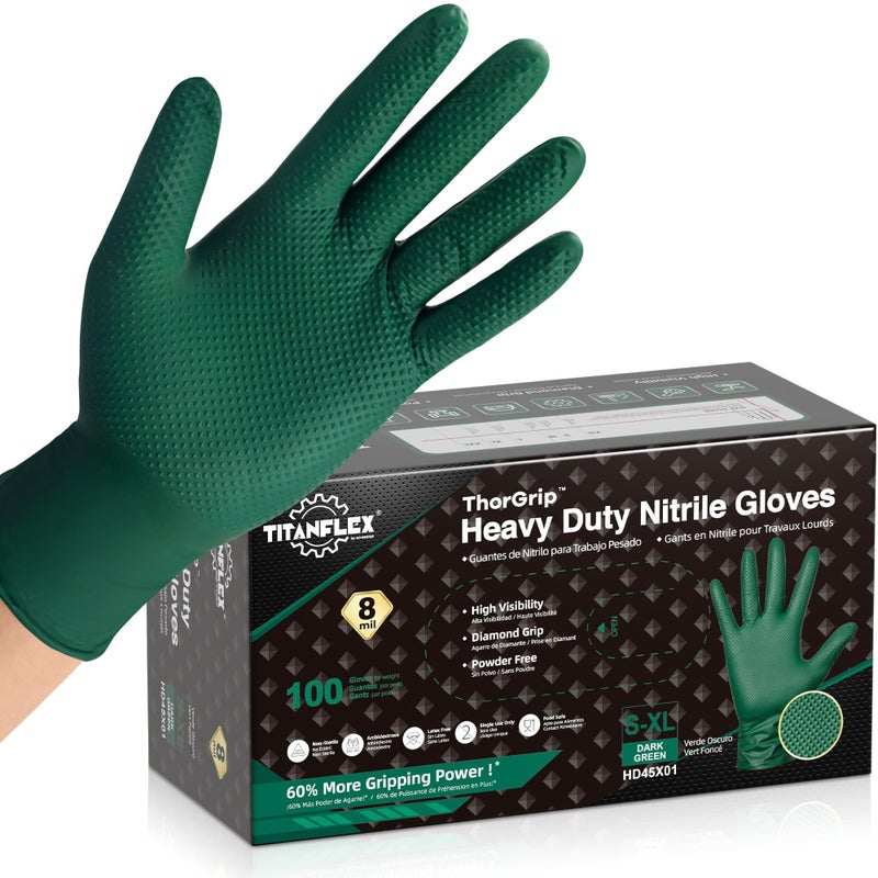 TitanFlex Heavy Duty 8 Mil Nitrile Gloves Dark Green Raised Diamond Grip Industrial Disposable Gloves for Mechanics Work Gloves Chemical Resistant Latex Free Powder Free 100ct BoxLarge - Image 2