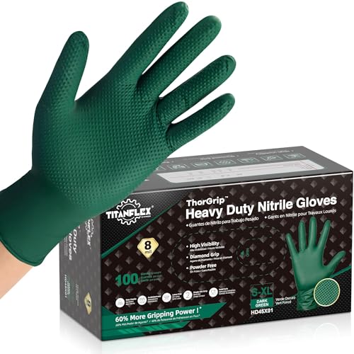 TitanFlex Heavy Duty 8 Mil Nitrile Gloves Dark Green Raised Diamond Grip Industrial Disposable Gloves for Mechanics Work Gloves Chemical Resistant Latex Free Powder Free 100ct BoxLarge - Image 1