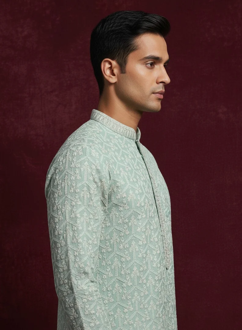 Lehar  Sage Green Embroidered Kurta Set for Men | Best Price UAE