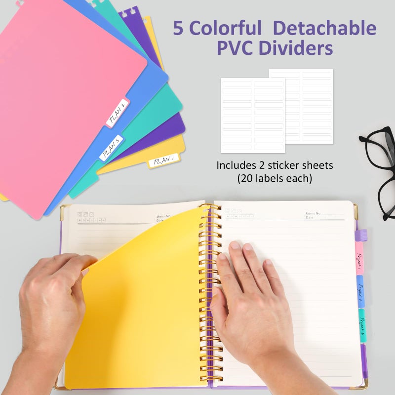 RIANEAN Hardcover Spiral Notebook Journal, 8"x10" Large B5 Notebooks with Removable Dividers Tabs, 300 Pages Leather 5 Subject Notebook College Ruled, Journal for Work School Note, 100 GSM Thick Paper,Purple. - Image 5