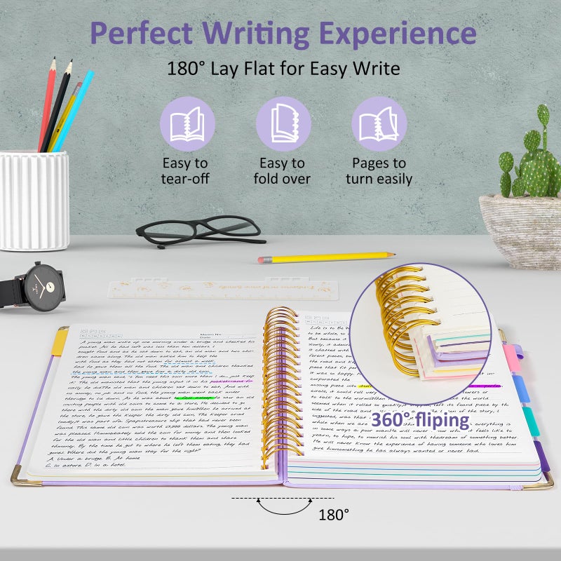 RIANEAN Hardcover Spiral Notebook Journal, 8"x10" Large B5 Notebooks with Removable Dividers Tabs, 300 Pages Leather 5 Subject Notebook College Ruled, Journal for Work School Note, 100 GSM Thick Paper,Purple. - Image 4