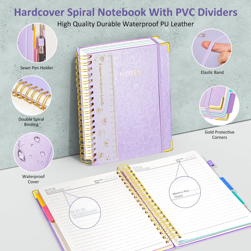 RIANEAN Hardcover Spiral Notebook Journal, 8"x10" Large B5 Notebooks with Removable Dividers Tabs, 300 Pages Leather 5 Subject Notebook College Ruled, Journal for Work School Note, 100 GSM Thick Paper,Purple. - Image 3