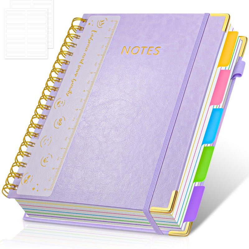 RIANEAN Hardcover Spiral Notebook Journal, 8"x10" Large B5 Notebooks with Removable Dividers Tabs, 300 Pages Leather 5 Subject Notebook College Ruled, Journal for Work School Note, 100 GSM Thick Paper,Purple. - Image 1