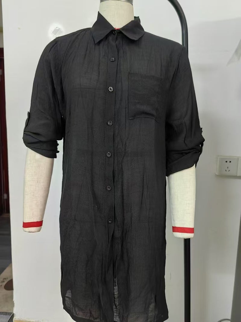 Generic European Fashion Bamboo Cotton Beach Sun Protection Long Shirt Black