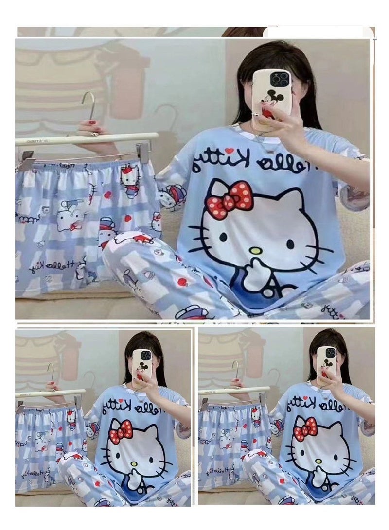 Short Sleeve Night Suit Set Cute Cartoon Print Loose Sleepwear Dress Pajama Set for Women 3 PCs 