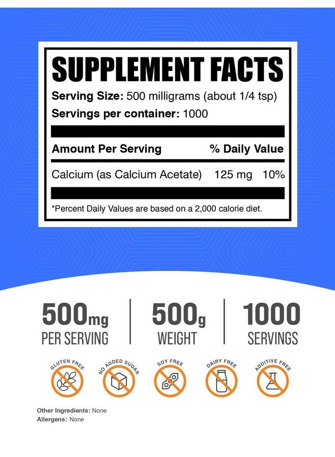 BulkSupplements.com Calcium Acetate Powder - Calcium Supplement - Food Grade & Gluten Free, 500mg (125mg Calcium) per Serving, 500g (1.1 lbs) (Pack of 1) - Image 2