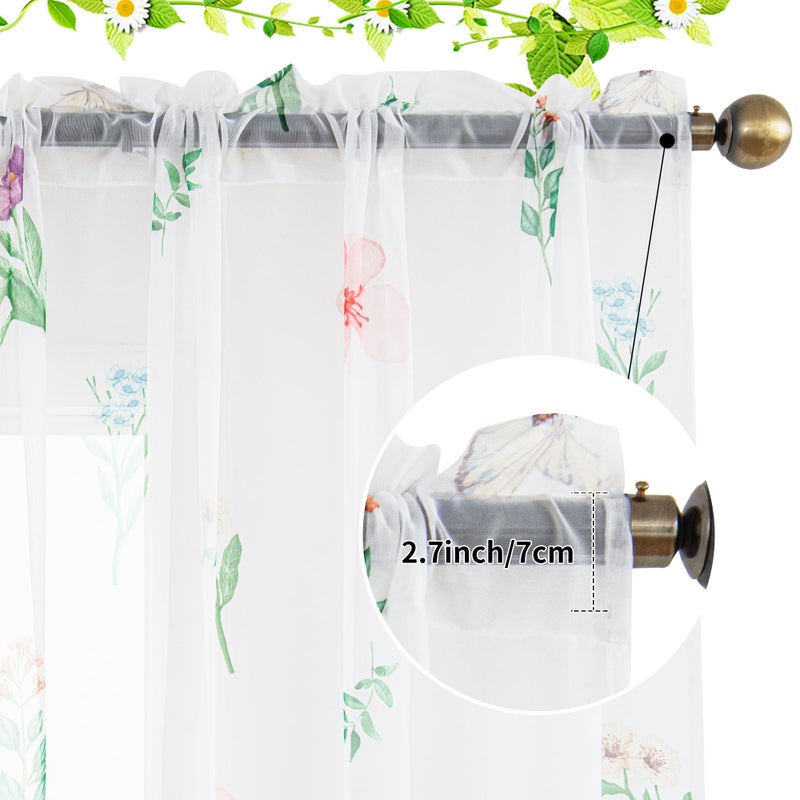 youleyar Floral Sheer Curtains for Living Room 63 Inches Long 2 Panels White Semi-Sheer Curtain with Flower/Leaves Printed Pattern Summer/Spring Rod Pocket Voile Drapes for Bedroom, 52" W x 63" L - Image 4