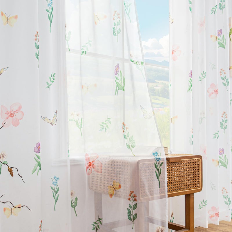 youleyar Floral Sheer Curtains for Living Room 63 Inches Long 2 Panels White Semi-Sheer Curtain with Flower/Leaves Printed Pattern Summer/Spring Rod Pocket Voile Drapes for Bedroom, 52" W x 63" L - Image 1