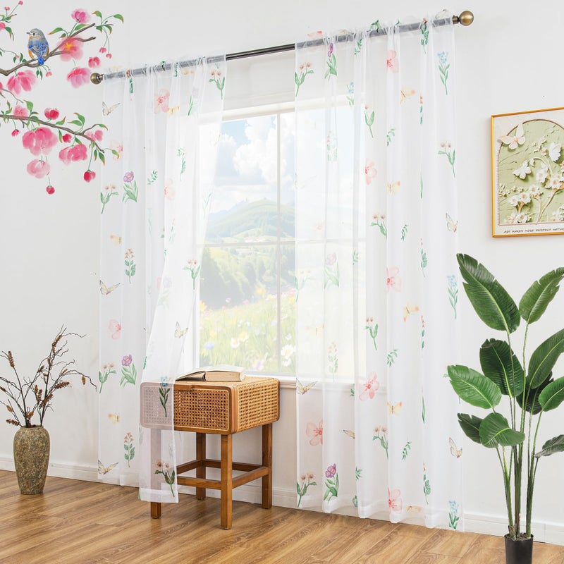 youleyar Floral Sheer Curtains for Living Room 63 Inches Long 2 Panels White Semi-Sheer Curtain with Flower/Leaves Printed Pattern Summer/Spring Rod Pocket Voile Drapes for Bedroom, 52" W x 63" L - Image 2
