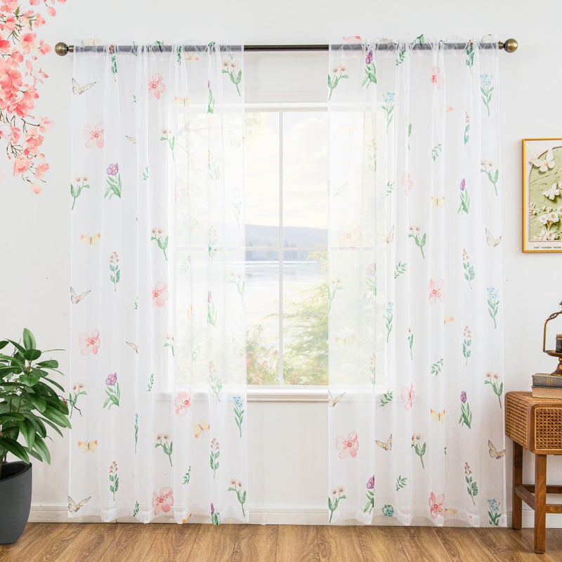 youleyar Floral Sheer Curtains for Living Room 63 Inches Long 2 Panels White Semi-Sheer Curtain with Flower/Leaves Printed Pattern Summer/Spring Rod Pocket Voile Drapes for Bedroom, 52" W x 63" L - Image 3