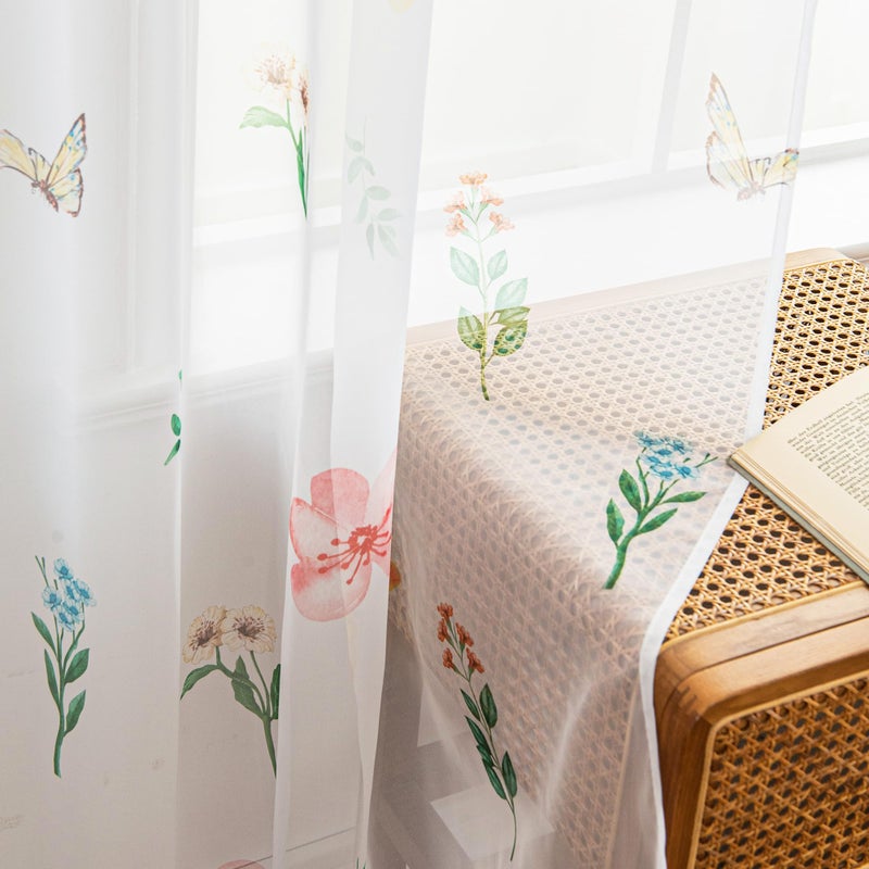 youleyar Floral Sheer Curtains for Living Room 63 Inches Long 2 Panels White Semi-Sheer Curtain with Flower/Leaves Printed Pattern Summer/Spring Rod Pocket Voile Drapes for Bedroom, 52" W x 63" L - Image 5