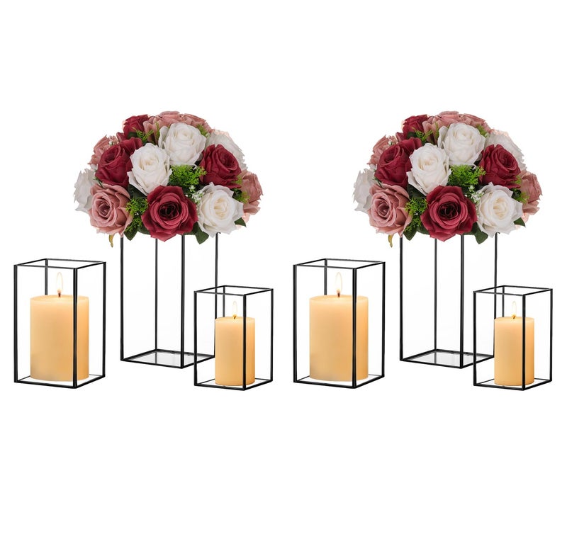 Hewory Glass Hurricane Candle Holder Set of 6 Black Large Hurricane Centerpiece for Table Tall Floor Square Pillar Candle Holders Lantern Set for Wedding Anniversary Party Fireplace Dining Room