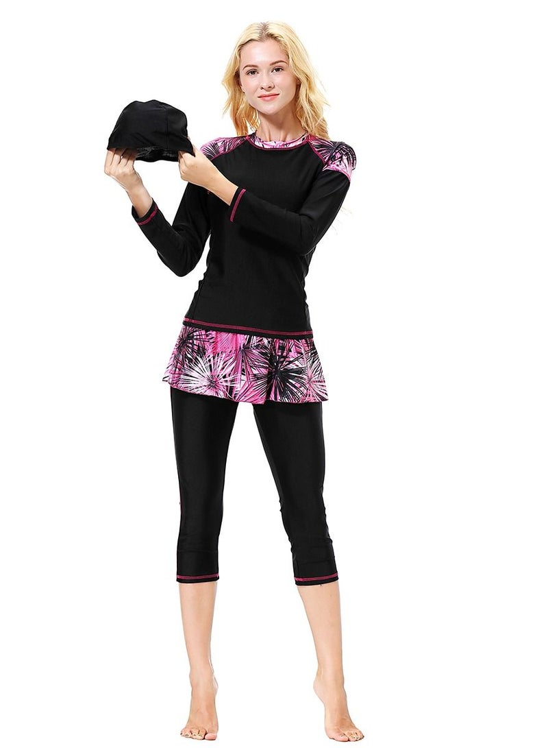 Loquat Womens Fashionable Conservative Swimwear Set Long Sleeve Burkinis Swimsuit Set Black/Pink - Image 1