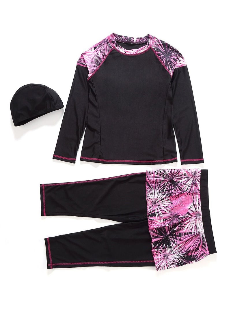 Loquat Womens Fashionable Conservative Swimwear Set Long Sleeve Burkinis Swimsuit Set Black/Pink - Image 2