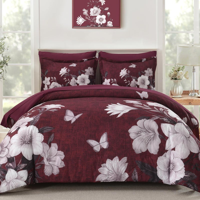 DHSFKBE Floral Comforter Set Queen Size, 7 Pieces Burgundy Bed in a Bag, Elegant Floral Butterfly Comforter and Sheet Set, Soft Microfiber Bedding Set for All Seasons(Burgundy,90"x90") - Image 1