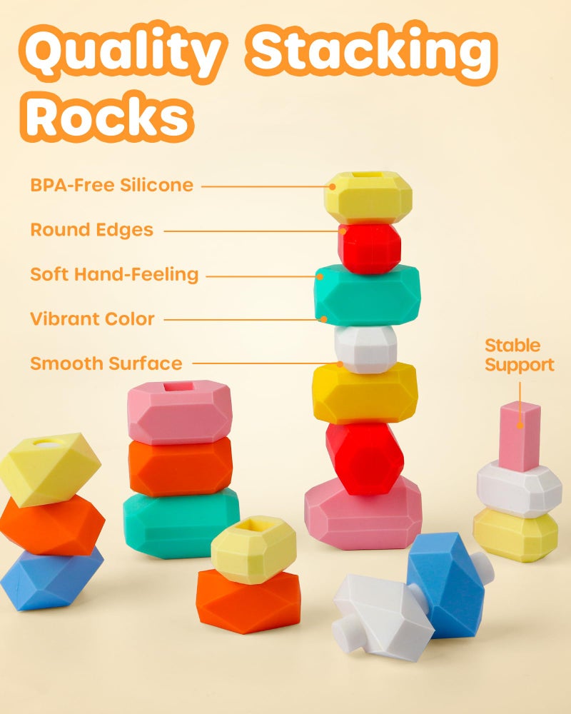 D-FantiX 39 PCS Silicone Sorting Stacking Rocks Stones  Sensory Learning Montessori Toys for 3 4 5 6 Year Old Kids  Educational Stacking Toys Building Blocks for Toddlers - Image 4