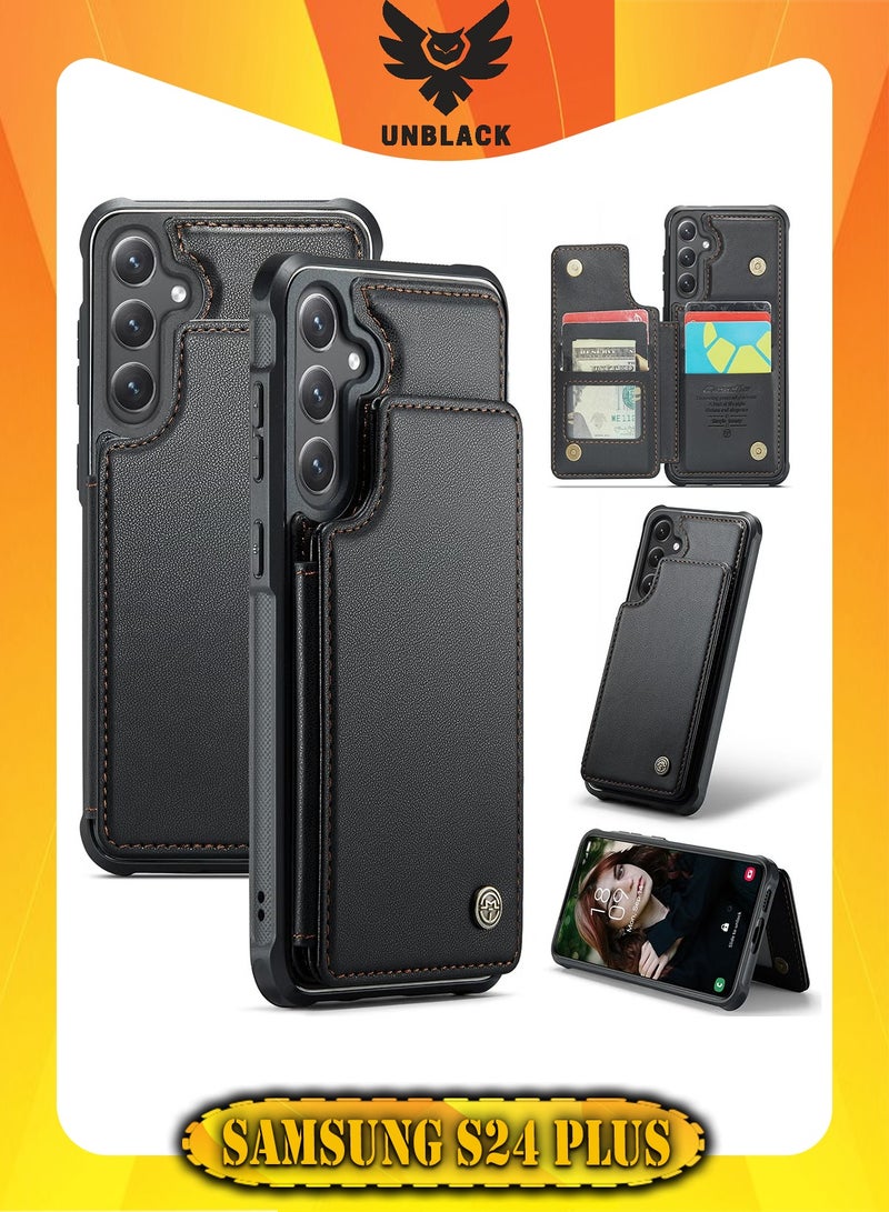 CaseMe Wallet Case for Samsung Galaxy S24 Plus, Premium Handmade Durable PU Leather Slim Shockproof Case with [Double Magnetic Clasp] [Card Holder] [Kickstand] [RFID Blocking] (Black) - Image 1