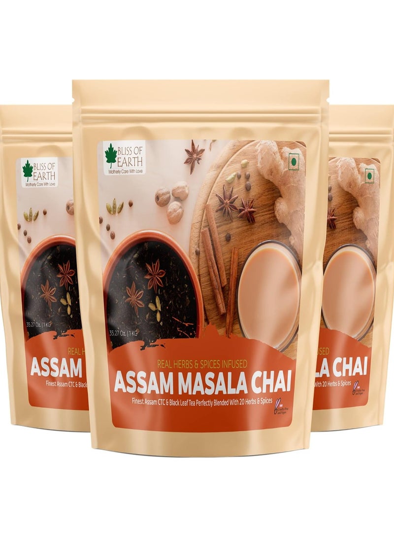 BLISS OF EARTH Finest Assam Masala Chai1 KG Blended CTC leaf infused with 20 real herbs & spices masala tea Pack of 3 - Image 1