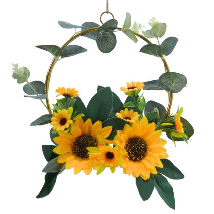 METAL WREATH ARTIFICIAL SUNFLOWER WREATH GARLAND IRON HOOP SPRING SUMMER WITH GREEN LEAVES FOR FRONT DOOR INDOOR OR OUTDOOR WALL WEDDING HOME DECORATIONS SPRING S