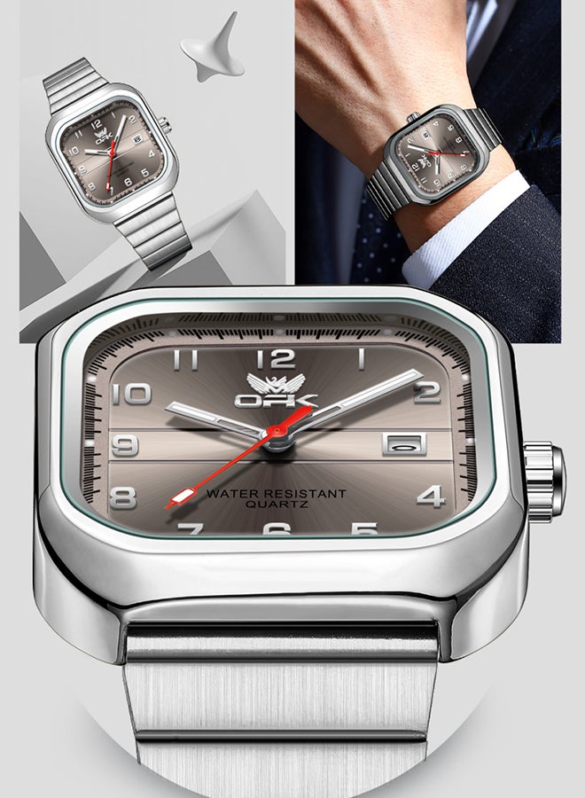 Opk Brand Watch, Stylish Business Exquisite Quartz Watch, Waterproof Single Calendar, Men'S Watch - 6040 Steel Strap, Natural Gray. - Image 4