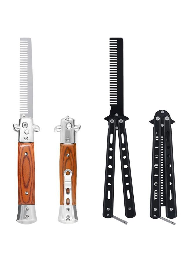 Canumer 2 Pieces Automatic Switch Folding Comb, Stainless Steel Butterfly Comb, Switchblade Comb, Outdoor Training Pocket Comb, Wood Grain Hair Brush for Beard, Mustache, Beauty Tool - Image 1