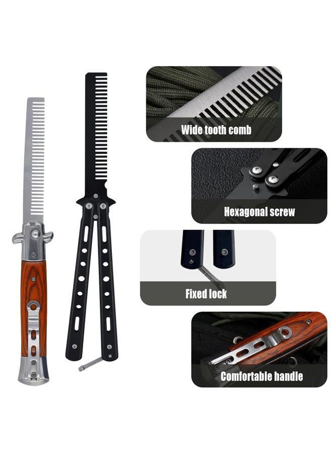 Canumer 2 Pieces Automatic Switch Folding Comb, Stainless Steel Butterfly Comb, Switchblade Comb, Outdoor Training Pocket Comb, Wood Grain Hair Brush for Beard, Mustache, Beauty Tool - Image 3