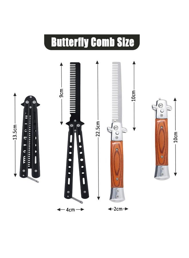Canumer 2 Pieces Automatic Switch Folding Comb, Stainless Steel Butterfly Comb, Switchblade Comb, Outdoor Training Pocket Comb, Wood Grain Hair Brush for Beard, Mustache, Beauty Tool - Image 2
