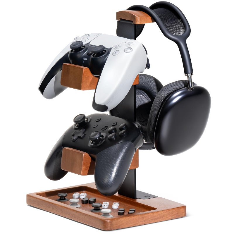 HUMANCOZY Solid Wood Controller Holder and Headphone Stand Gaming Controller Stand for Desk Dual Controller Organizer Rack Fits Xbox PS4 PS5 Gamepad Headset Holder for Son Husband Boyfriend - Image 2