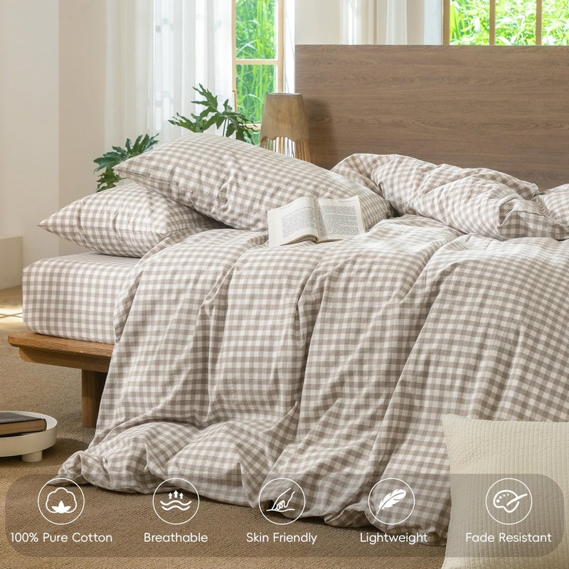 MooMee Gingham Duvet Cover Set 100% Washed Cotton Linen Like Textured Breathable Durable Soft Comfy Modern Checkered Design (Tannish Linen Grey Gingham, King 104"x90") - Image 4