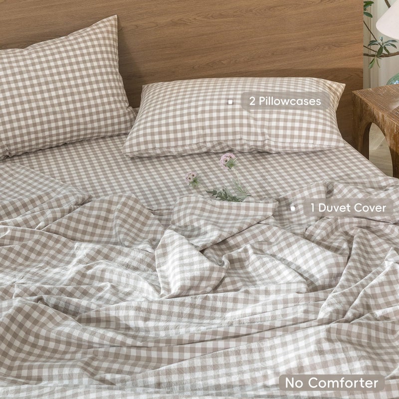 MooMee Gingham Duvet Cover Set 100% Washed Cotton Linen Like Textured Breathable Durable Soft Comfy Modern Checkered Design (Tannish Linen Grey Gingham, King 104"x90") - Image 2