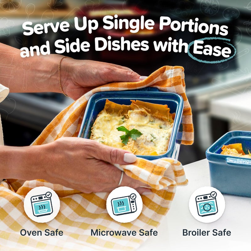 Souper Cubes Stoneware 2.0-5" x 5" Baking Dishes for Oven, Made in USA, Premium Mini Ceramic Baking Dishes with Silicone Covers for Individual Portions, Set of 2 - Blueberry - Image 3