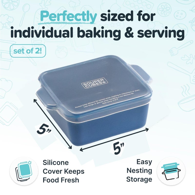 Souper Cubes Stoneware 2.0-5" x 5" Baking Dishes for Oven, Made in USA, Premium Mini Ceramic Baking Dishes with Silicone Covers for Individual Portions, Set of 2 - Blueberry - Image 2