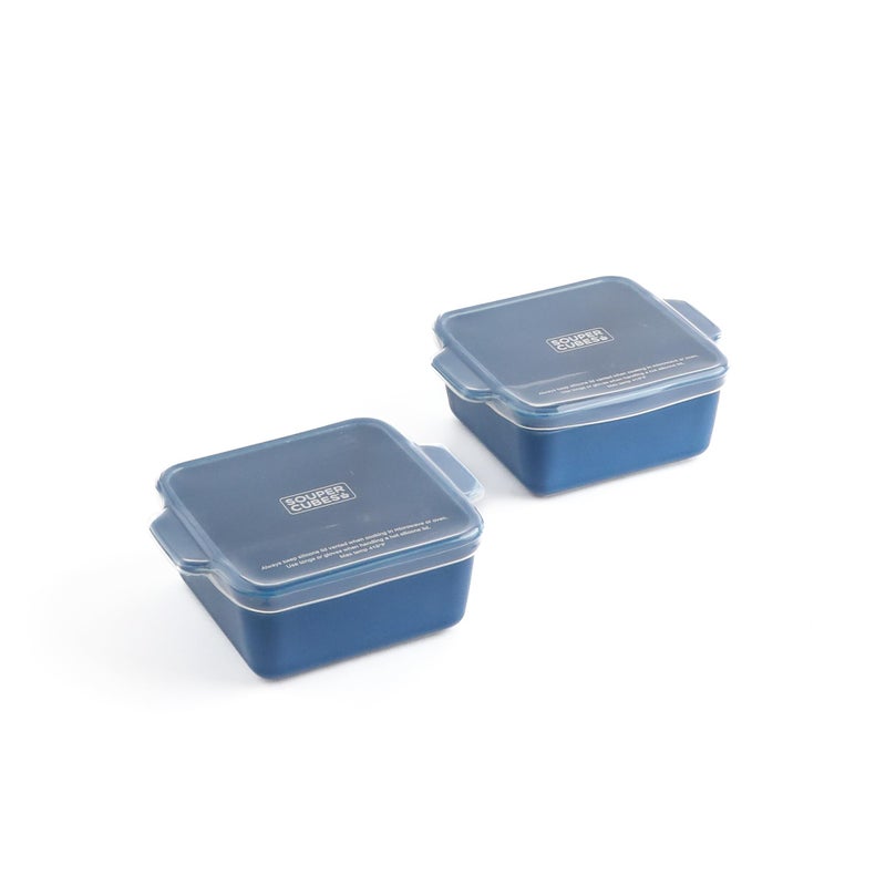Souper Cubes Stoneware 2.0-5" x 5" Baking Dishes for Oven, Made in USA, Premium Mini Ceramic Baking Dishes with Silicone Covers for Individual Portions, Set of 2 - Blueberry - Image 1