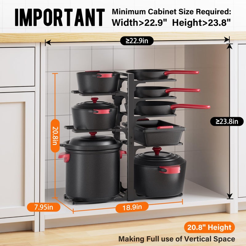 MUDEELA Pots and Pans Organizer under Cabinet 20.8" Height, Heavy Duty Adjustable Pot Pan Organizers inside Cabinet, 8-Tier Kitchen Cabinet Organizers and Storage for Big Stockpots, Heavy Cookware - Image 2