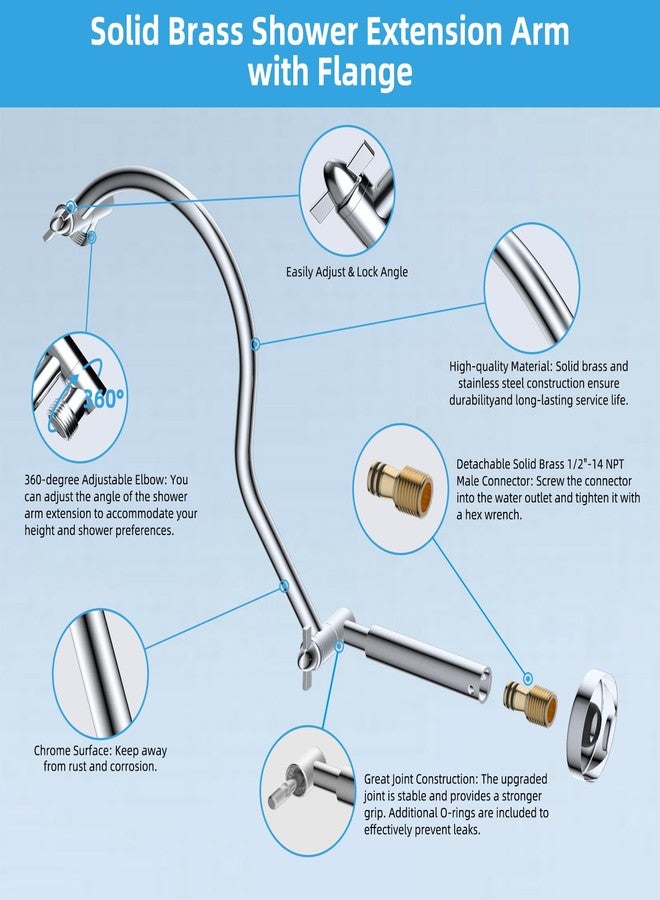 Hibbent All Metal Upgraded 18'' Shower Head Extension Arm with Flange, Solid Brass Flexible Height & Angle Adjustable Shower Arm Extender with Lock Joint, Universal Connection, Chrome - Image 5