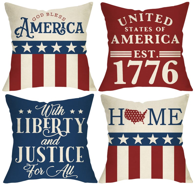 Fbcoo 4th of July American Patriotic Decorative Throw Pillow Cover 18x18 Set of 4 USA Star Stripe God Bless America United States Est1776 Cushion Case for Home Decor with Liberty and Justice for All