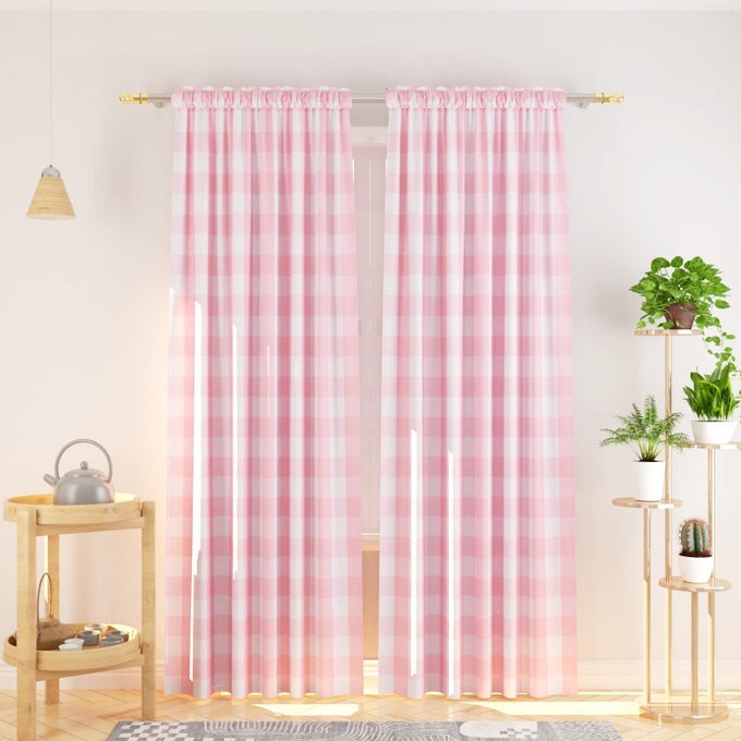 COTTON CURTAINS PINK AND WHITE BUFFALO GINGHAM CHECK CURTAIN PANELS 95 INCHES LONG LIVING ROOM DRAPES PLAID CHECKER KITCHEN BEDROOM WINDOW TREATMENT SET 2 PANELS ROD POCKET