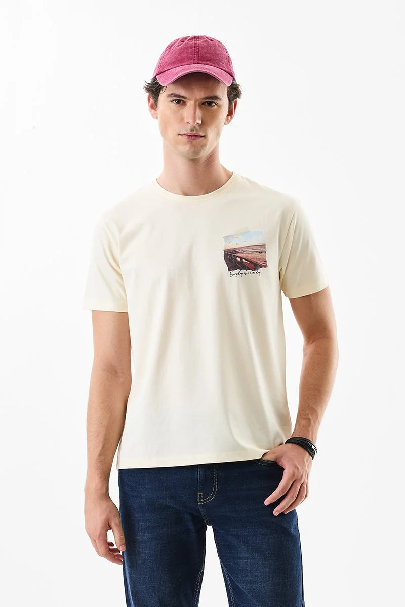 SNITCH Cream Graphic Half Sleeve Slim Fit T-Shirt