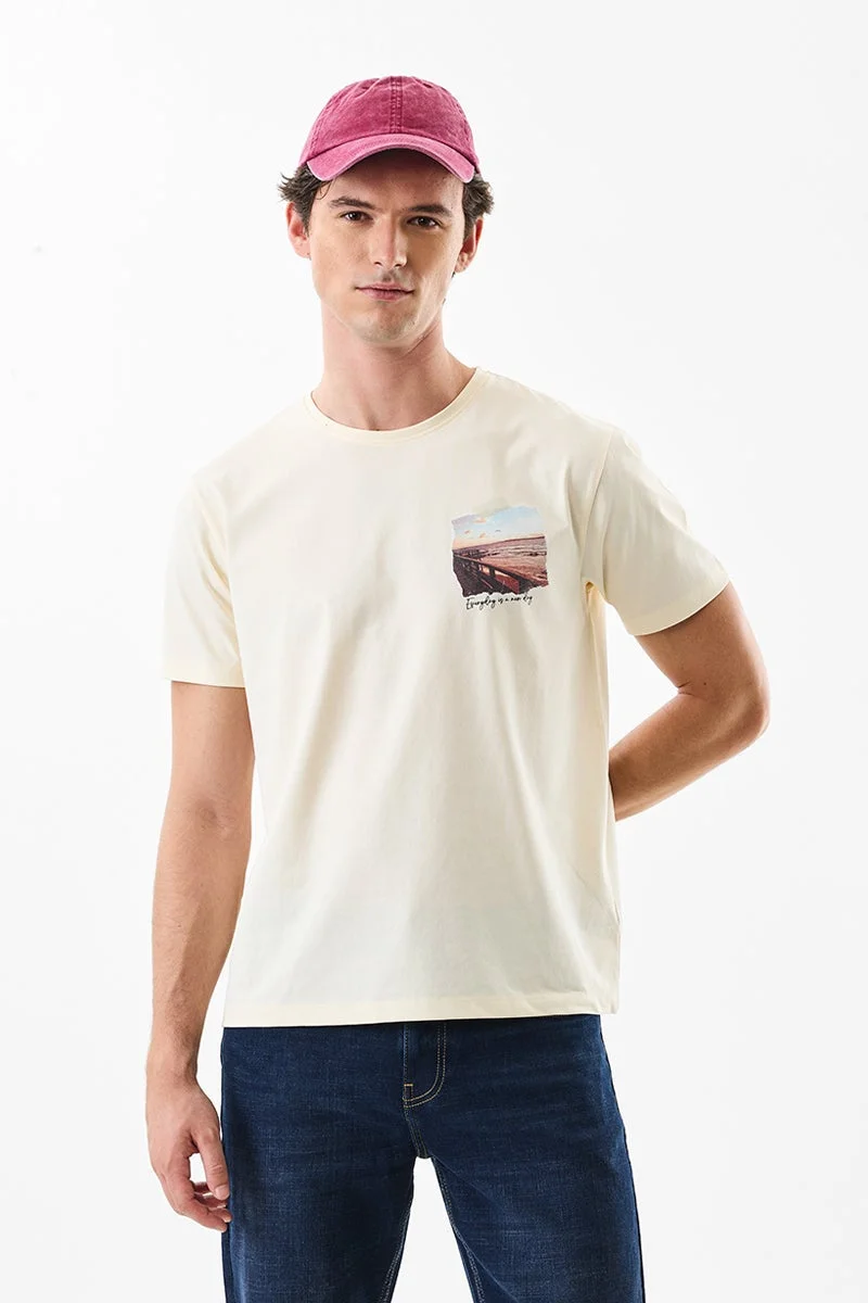 SNITCH Cream Graphic Half Sleeve Slim Fit T-Shirt