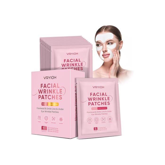 Vryioh 3 in 1 Facial Wrinkle Patches, Forehead & Smile Lines Patches with Collagen, Hyaluronic Acid & Niacinamide, Overnight Under Eye Hydrogel Treatment to Smooth Fine Lines, 60 Patches