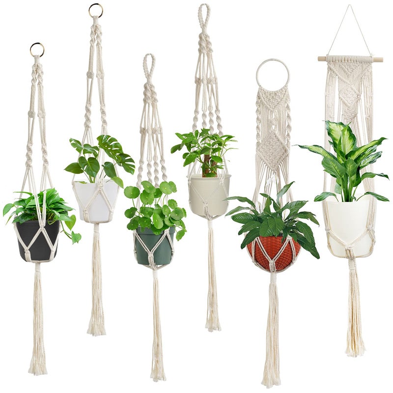 Laerjin Macrame Plant Hangers Set of 6 Handmade Hanging Plant Holder Basket Stand Decorative Flower Pot Holder  Cotton Rope 4 Legs 4 Types