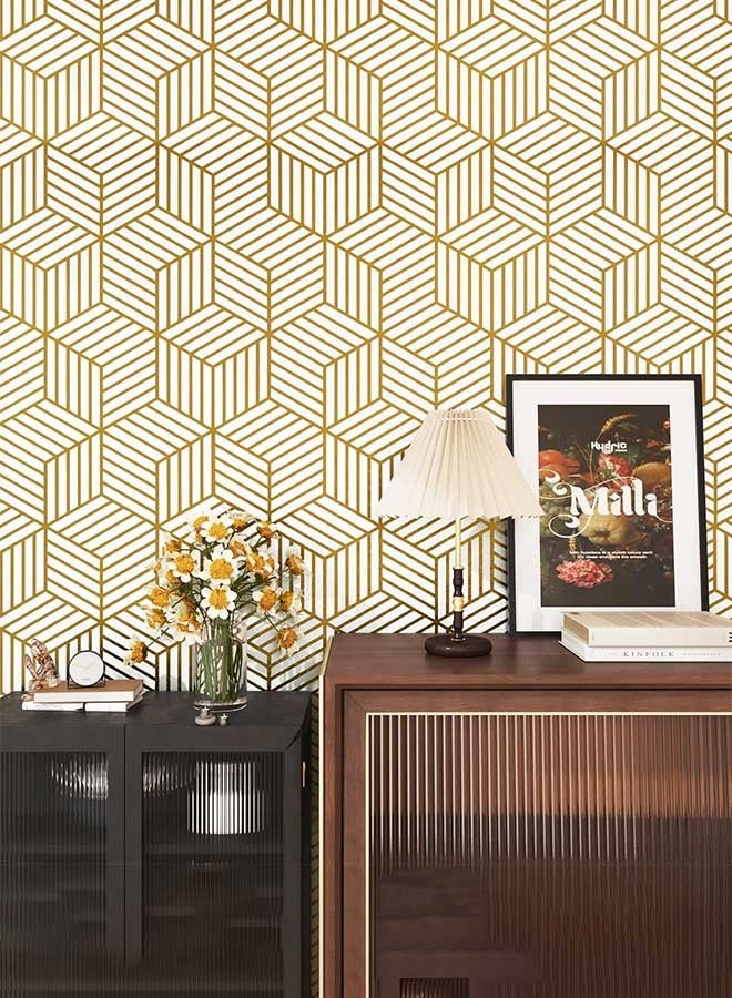 RAWAID Modern Geometric Wallpaper Peel and Stick 17.3”×196.8” White and Gold Wallpaper for Bedroom Walls Srawers Self Adhesive Contact Paper Gold Hexagon Geometric Removable Wallpaper Art Decor Wall Paper - Image 3
