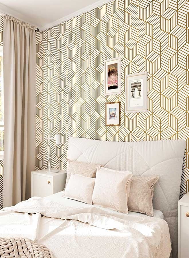 RAWAID Modern Geometric Wallpaper Peel and Stick 17.3”×196.8” White and Gold Wallpaper for Bedroom Walls Srawers Self Adhesive Contact Paper Gold Hexagon Geometric Removable Wallpaper Art Decor Wall Paper - Image 2