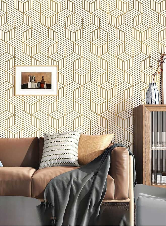 RAWAID Modern Geometric Wallpaper Peel and Stick 17.3”×196.8” White and Gold Wallpaper for Bedroom Walls Srawers Self Adhesive Contact Paper Gold Hexagon Geometric Removable Wallpaper Art Decor Wall Paper - Image 1