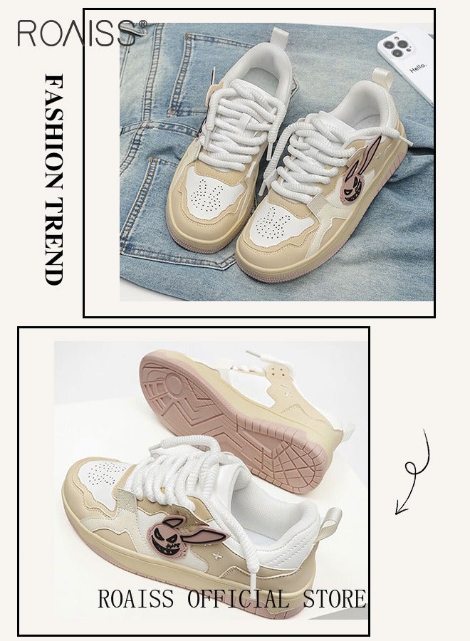 roaiss أحذية رياضية غير رسمية للنساء مع عناصر الأرنب أحذية مسطحة متعددة الاستخدامات للنساء رباط أمامي نعل مطاطي لمقاومة الانزلاق والمتانة أحذية رياضية عصرية للجامعة أحذية رياضية شخصية ومتعددة الاستخدامات - Image 3